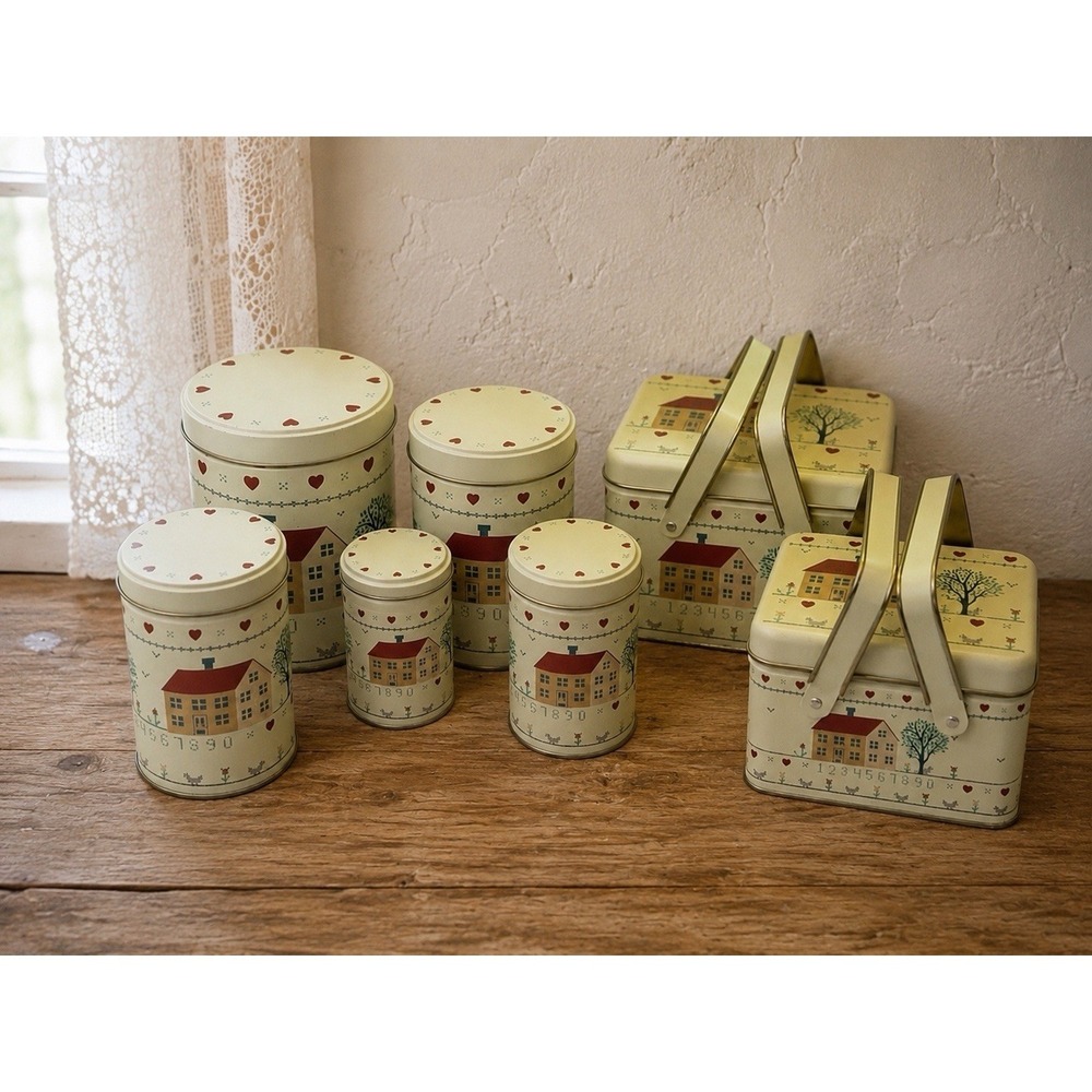 Set Of 5 Tin Nesting Canisters & 2 Baskets Country Farm House Hearts Decor VTG